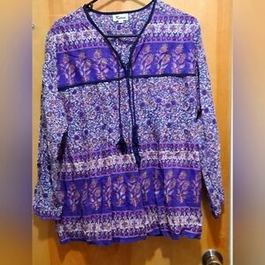 Karni Purple and Blue 3/4 Sleeve Tie Front Blouse Size XL